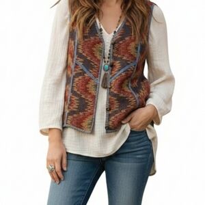City Blues by Koret Southwestern Tapestry Denim Vest Boho Aztec